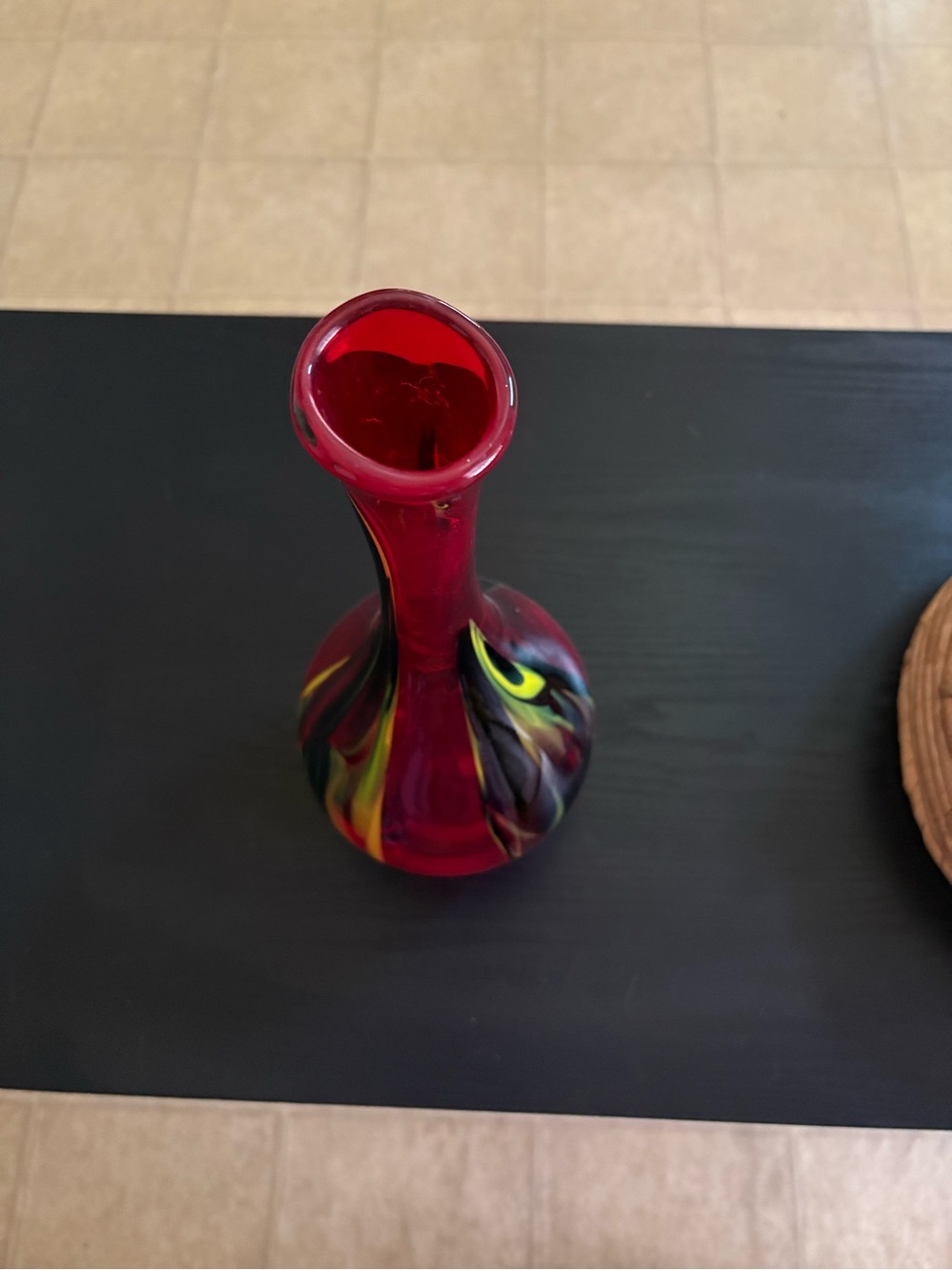 Pier 1 Imports Red Blown Glass Vase with Yellow, Green & Black Swirl - Picture 6 of 7